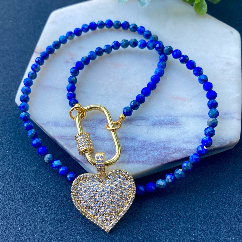 Heart Necklace CZ Gold Pendant and Lapis Lazuli Choker Carabiner front clasp